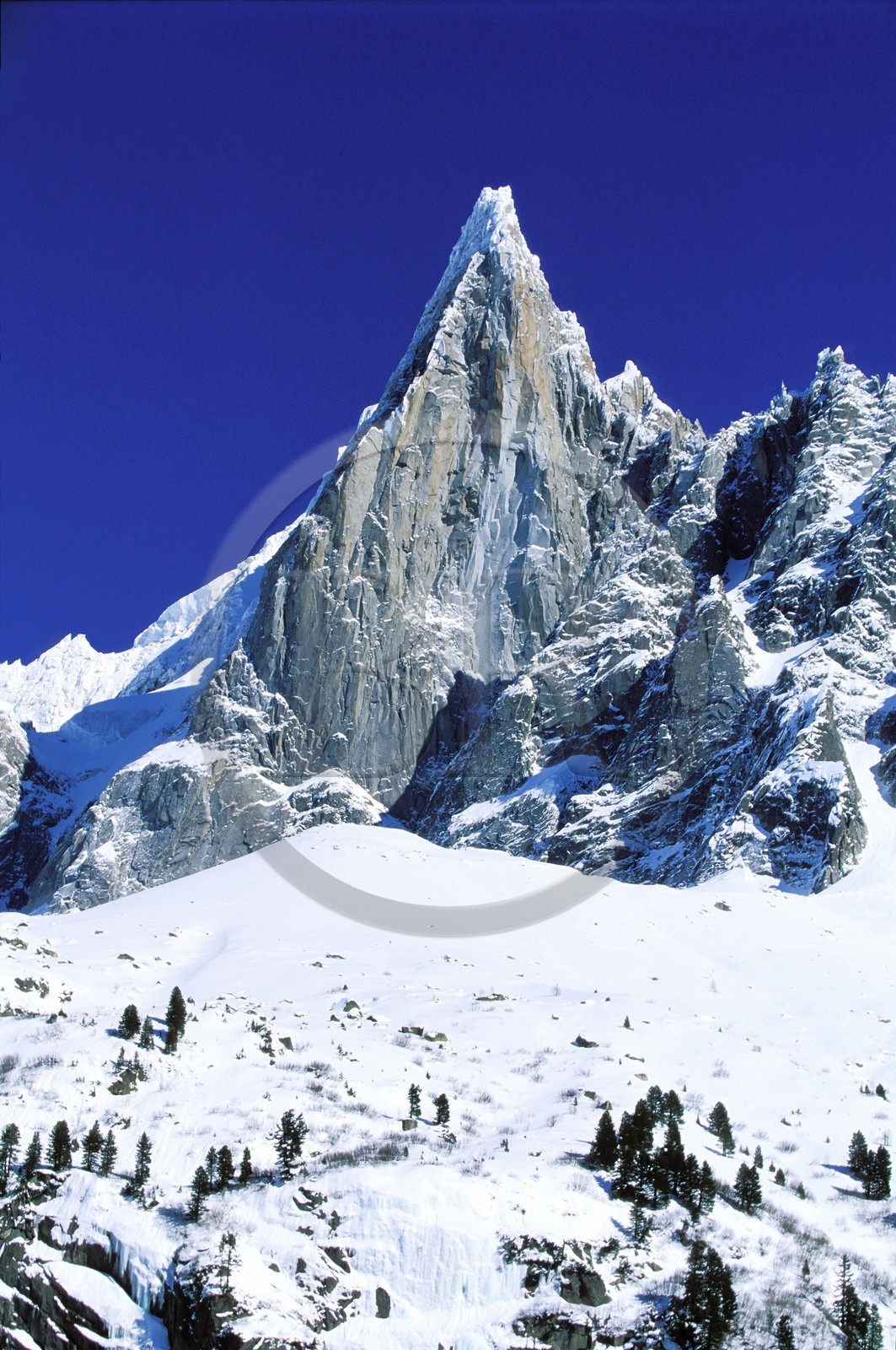 France, Haute Savoie, Chamonix valley, Mer de glace in the Vallee Blanche, Mont Blanc, Aiguille of the Dru at the summit of Aiguille verte mountain