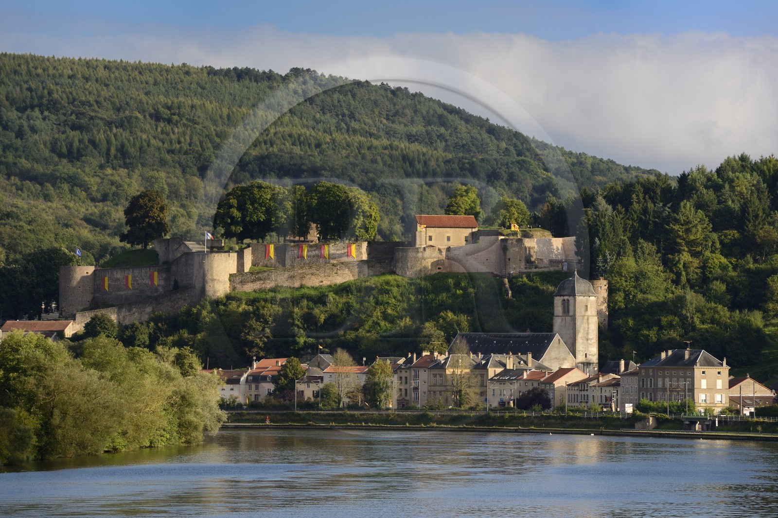 France, Moselle, Moselle Valley, Sierck les Bains on the Moselle River dominated by its Castle of the Dukes of Lorraine of the 12th century