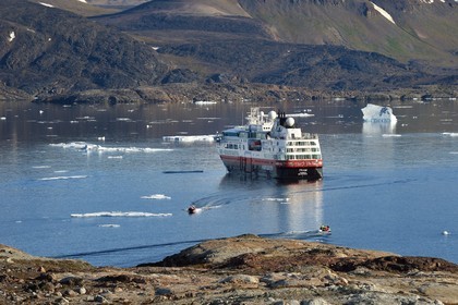 Greenland, North West coast, Smith sound north of Baffin Bay, Inglefield Land, site of Etah in Foulke fjord, today abandoned Inuit camp that served as a base for several polar expeditions, Hurtigruten's MS Fram cruise ship