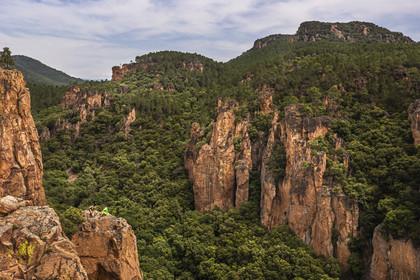 France, Var, between Bagnols en Foret and Roquebrune sur Argens, hikers at the entrance of the Gorges du Blavet (aerial view)