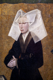 France, Cote d'Or, Beaune, area listed as World Heritage by UNESCO, Hospices de Beaune, Hotel Dieu, Polyptych Room, detail of the polyptych of the Last Judgment closed, work created in the 15th century by Rogier Van Der Weyden, portrait of Guigone de Salins, founder of the hospices with her husband Nicolas Rolin