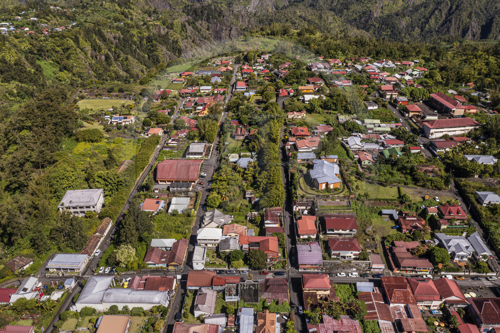 France, Reunion island (French overseas department), Cirque de Salazie, listed as World Heritage by UNESCO, Hell-Bourg, labeled labelled Les Plus Beaux Villages de France (The Most Beautiful Villages of France) (aerial view)