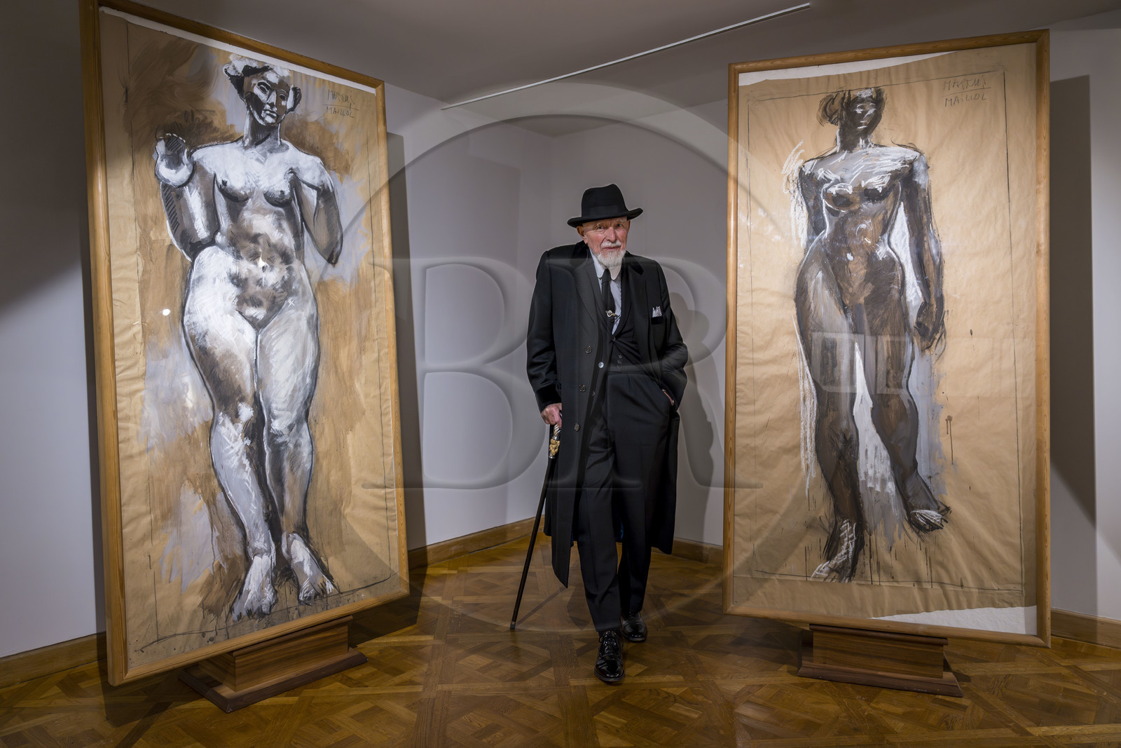 France, Paris (75), Musée Maillol, le peintre et sculpteur allemand Markus Lüpertz lors de son exposition en dialogue avec l'oeuvre d'Aristide Maillol, oeuvre Markus-Maillol, 1976, Technique mixte sur papier