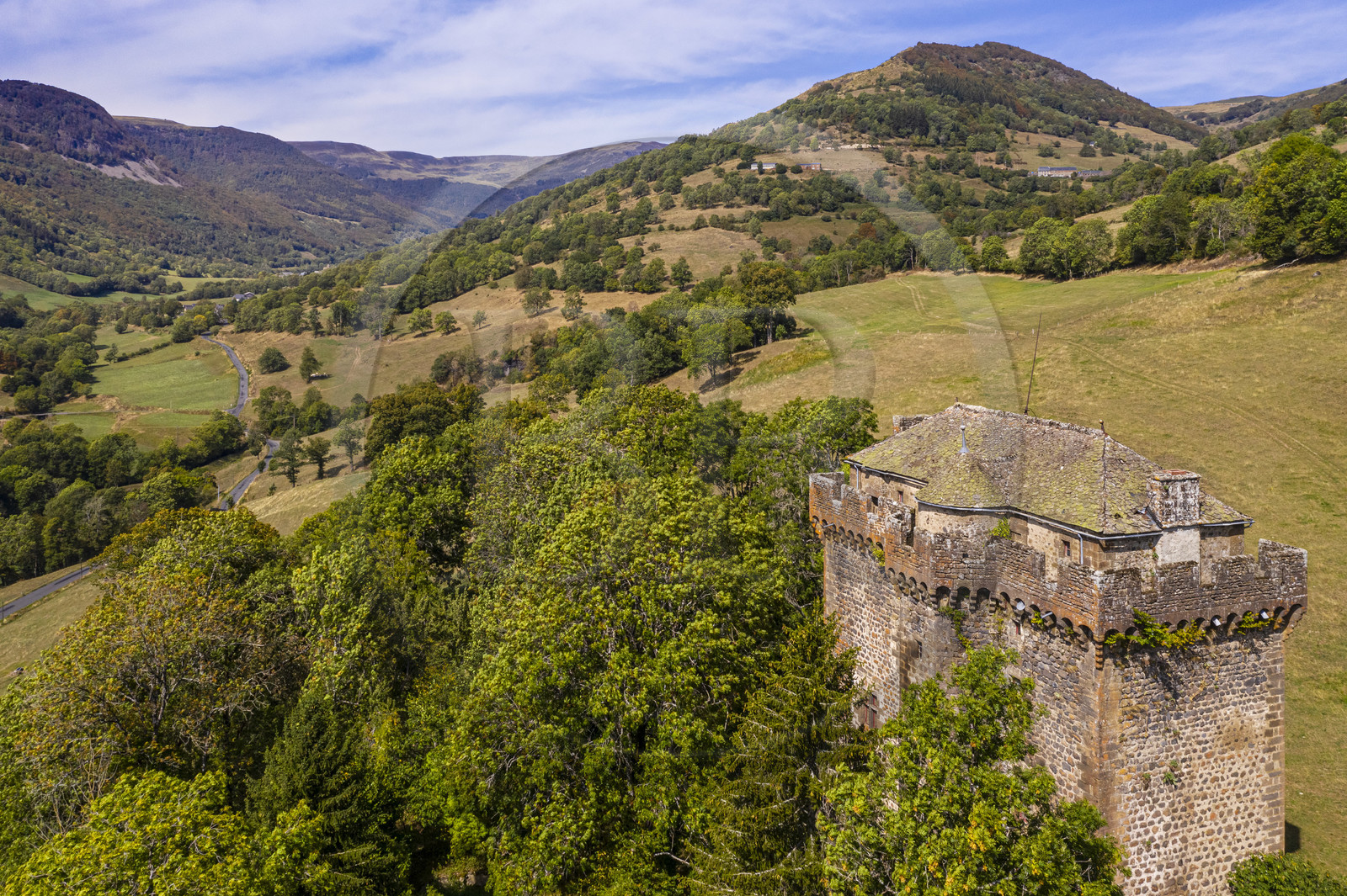 France, Cantal, Parc Naturel Régional des Volcans d'Auvergne (regional nature park of Auvergne volcanoes), Brezons, 15th century keep of the Boyle castle in the Brezons valley and the Griffoul pass in the background right (aerial view)