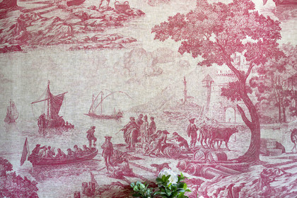 France, Ille et Vilaine, Cote d'Emeraude (Emerald Coast), Saint Malo, malouinière de la Chipaudière built by shipowner and privateer François-Auguste Magon de la Lande at the beginning of the 18th century, original red and cream toile de Jouy hangings in one of the living rooms