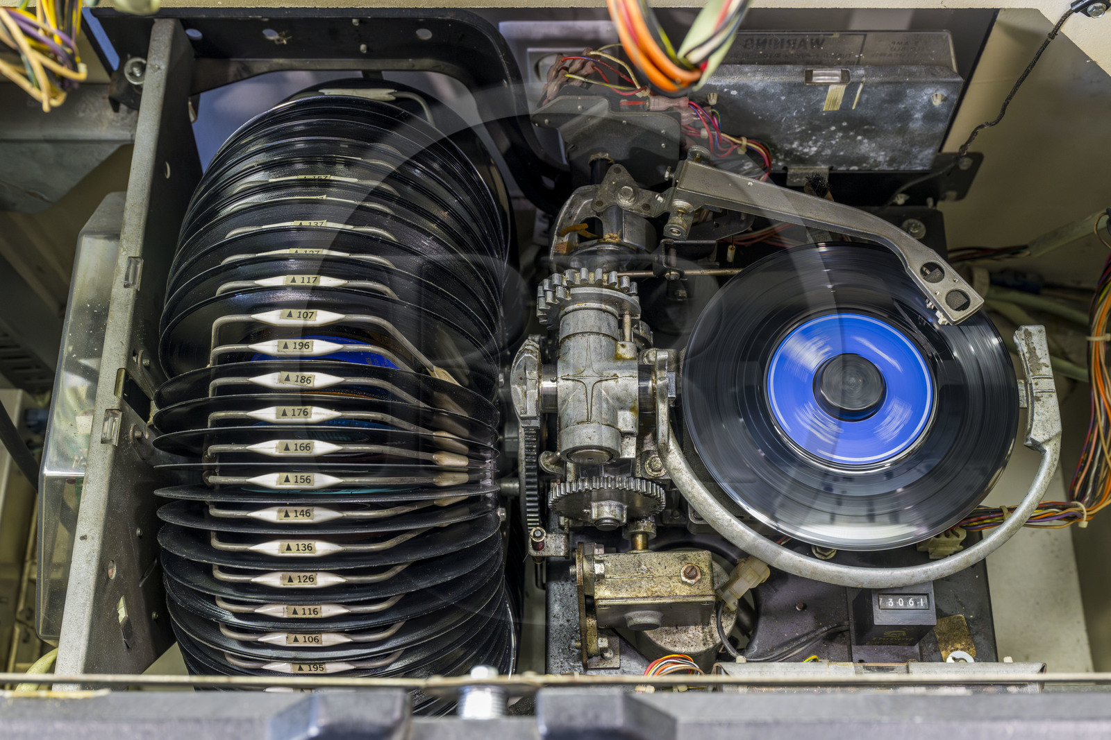 France, Vendee, Fontenay le Comte, the Vinyles store 85 rue des Orfèvres sells new and second hand vinyl records, vintage jukebox