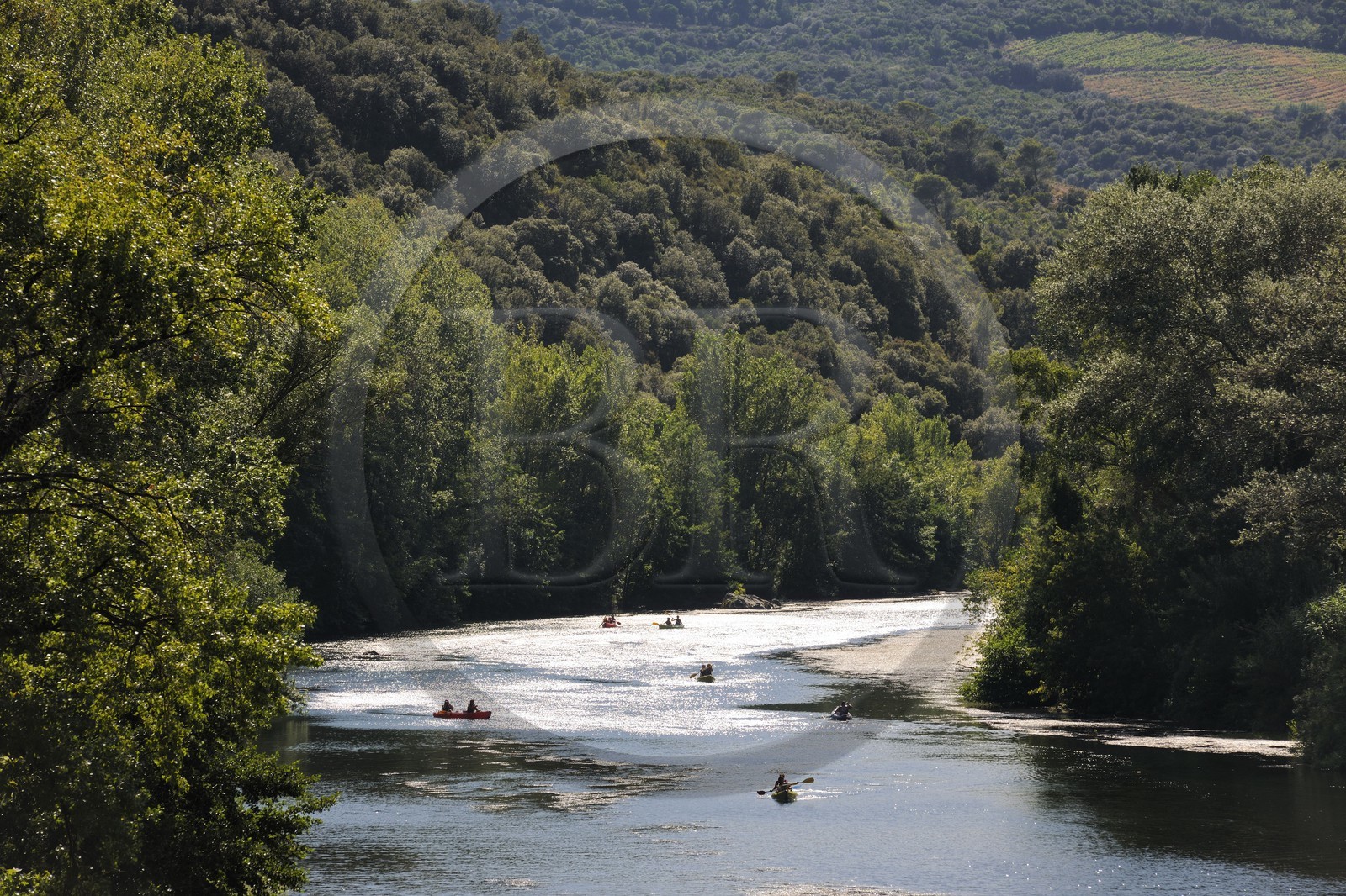 France, Herault, Orb river valley at Roquebrun, kayaking the river Orb