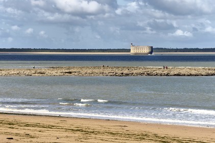 France, Charente-Maritime (17), Ile d'Aix, la Grande Plage qui s'étend sur plus d'un kilomètre et le Fort Boyard devant l'ile d'Oléron en arrière plan