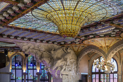 Spain, Catalonia, Barcelona, Palau de la Musica Catalana (Catalan Music Palace), concert hall designed by the architect of Catalan modernism Lluis Domènech i Montaner, a UNESCO World Heritage Site, large glass roof, stained glass dome work of Antoni Rigalt i Blanch