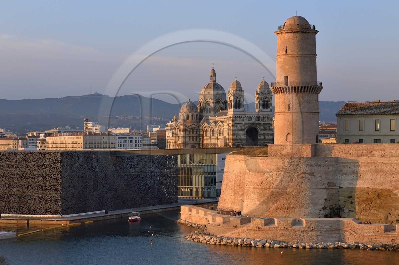 France, Bouches du Rhone, Marseille, MuCEM (Museum of Civilization in Europe and the Mediterranean) by the architects Rudy Ricciotti and R. Carta, Fort Saint Jean and the cathedral La Major