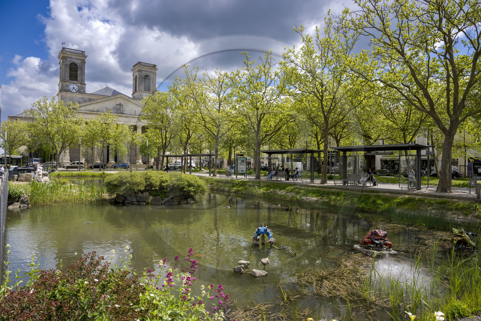 France, Vendee, La Roche-sur-Yon, place Napoléon, mechanical toads creations by the company La Machine and the Saint-Louis church