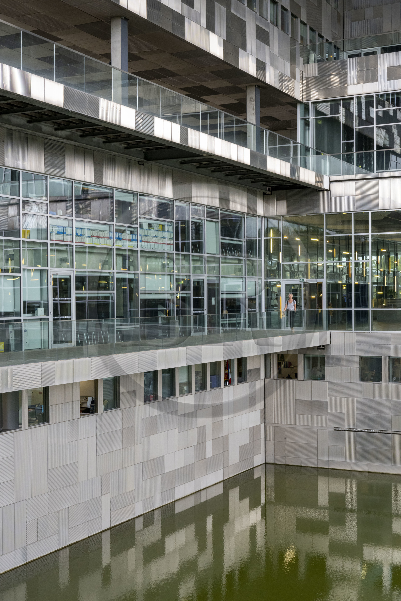 France, Herault, Montpellier, Port Marianne district, the City Hall designed by architects Jean Nouvel and François Fontes, patio between water and sky
