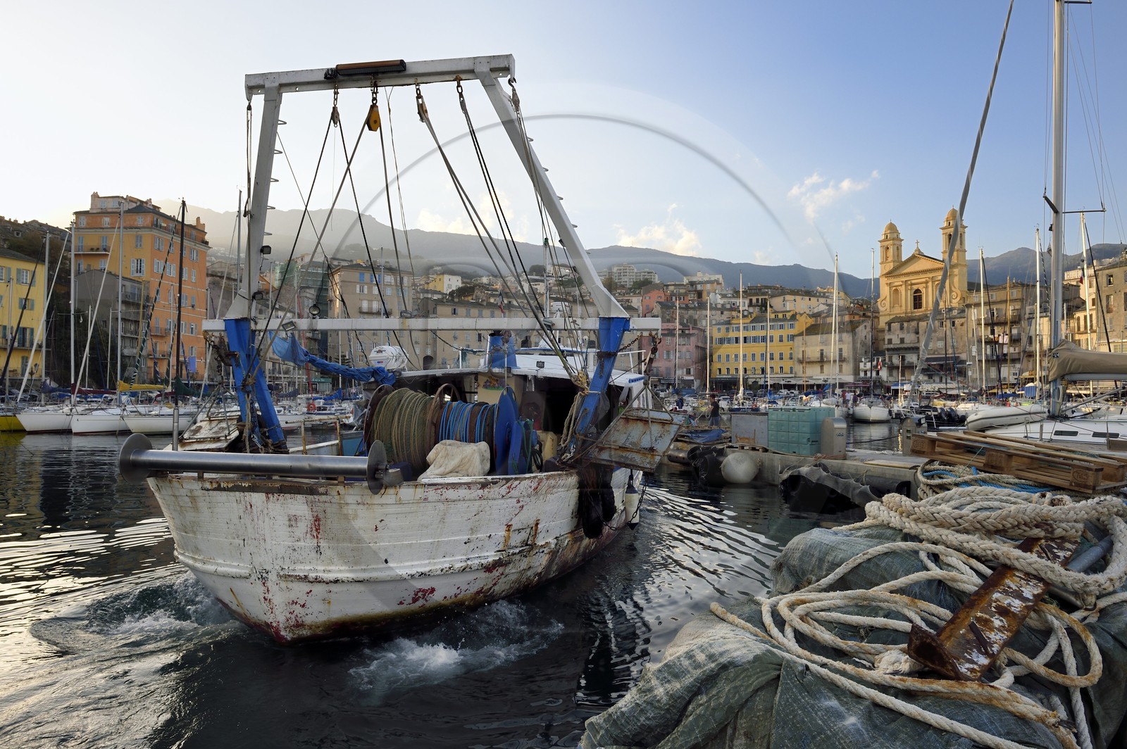 France, Haute-Corse (2B), Bastia, quartier de Terra-Vecchia, le Vieux-Port dominé par l'église Saint-Jean-Baptiste, retour de pêche