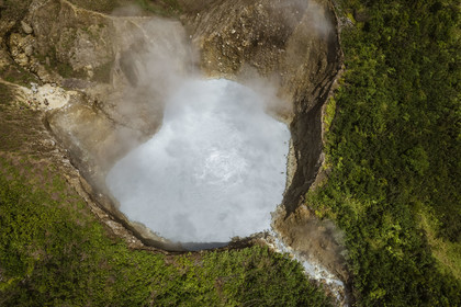 Caribbean, Dominica Island, Castle Bruce, Morne Trois Pitons National Park listed as World heritage by UNESCO, Valley of Desolation, the Boiling Lake, the second largest flooded fumarole boiling lake in the world (aerial view)