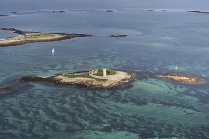 France, Finistere, La Foret Fouesnant, Glenan islands, Fort Cigogne on Cigogne Island and Bananec Island in the background (aerial view)