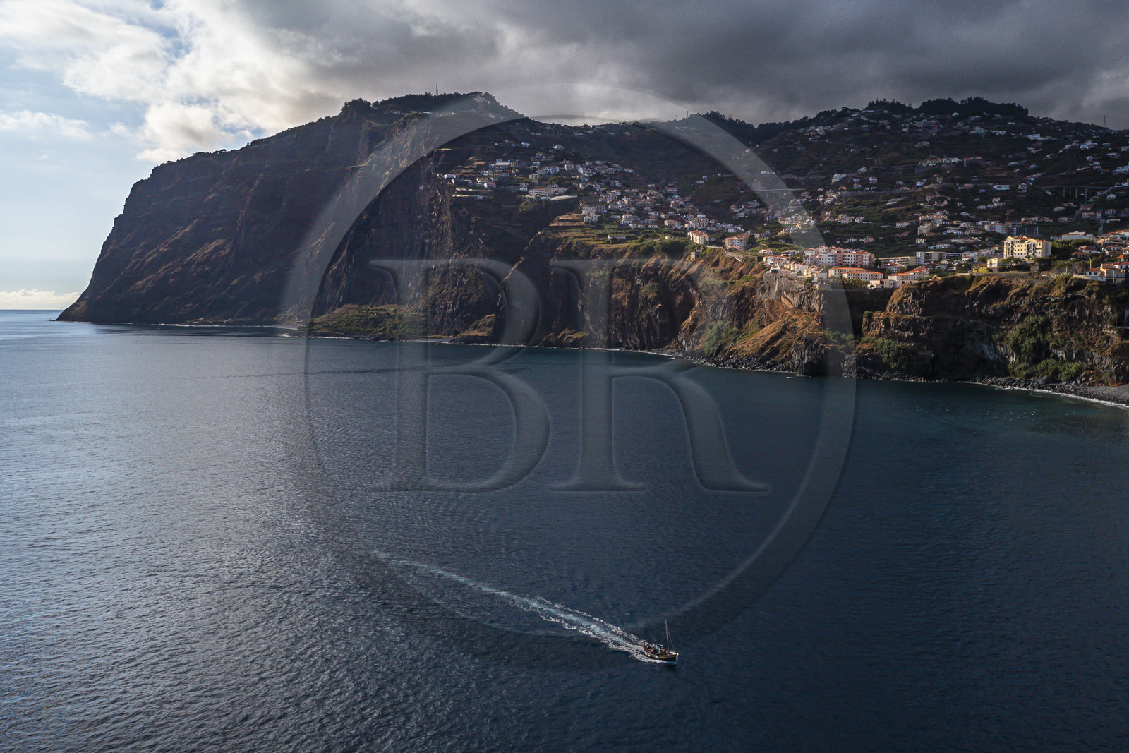 Portugal, Madeira Island, Camara de Lobos, cliff of Cape Girao, the second highest in the world at 589 meters (aerial view)