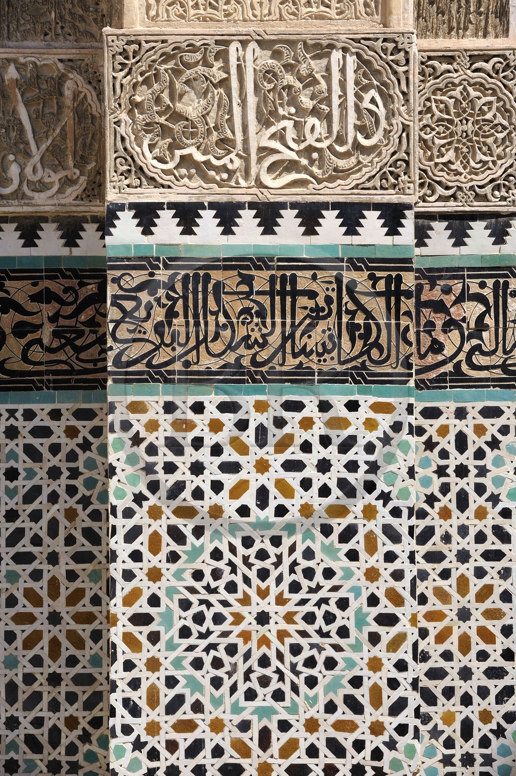 Morocco, Middle Atlas, Fez, Imperial City, Fez El Bali, medina listed as World Heritage by UNESCO, Bouananiya (or Bou Inania) Merdersa, fine-cut facade and zelliges