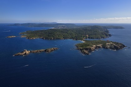 France, Var, Iles d'Hyeres, Parc National de Port Cros (National park of Port Cros), Porquerolles island, the Petit Langoustier Fort left and the Grand Langoustier Fort right in the foreground (aerial view)
