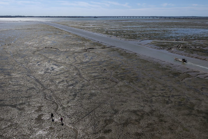 France, Charente-Maritime (17), Ile d'Oléron, le Chateau-d'Oléron, bateau ostréicole dans le chenal de sortie du port à marée basse et pecheurs à pied sur l'estran (vue aérienne)