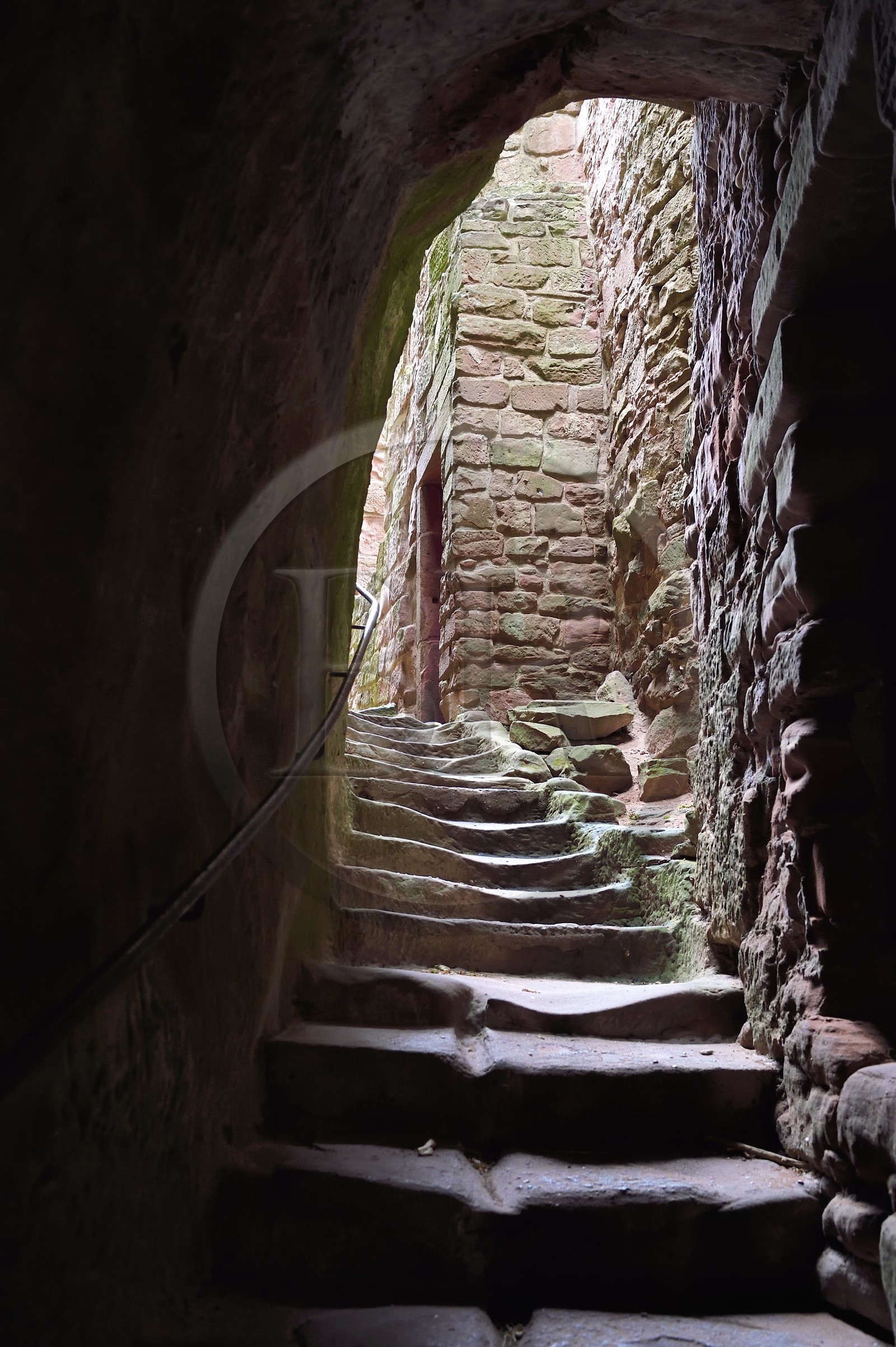 France, Bas-Rhin (67), Parc naturel régional des Vosges du Nord, Lembach, chateau de Fleckenstein, escalier troglodyte