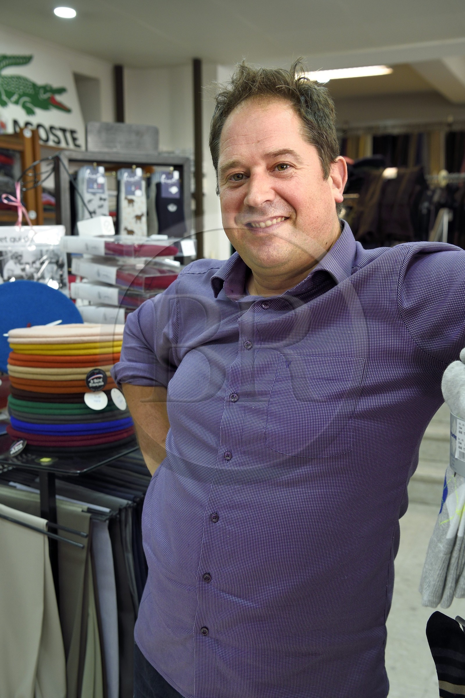 France, Pyrenees Atlantiques, Basque Country, Saint Jean Pied de Port, former Basque pelota grand chistera champion Michel Cavier in his father's clothing store