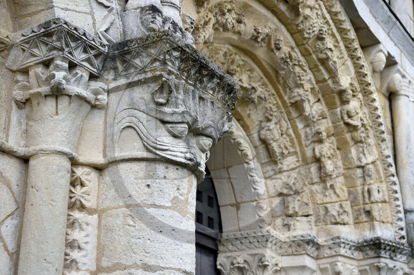 France, Charente-Maritime, Echillais, the 12th century Romanesque church of Notre-Dame, classified as a historic monument, the Grand'Goule, one of the capitals of the western facade