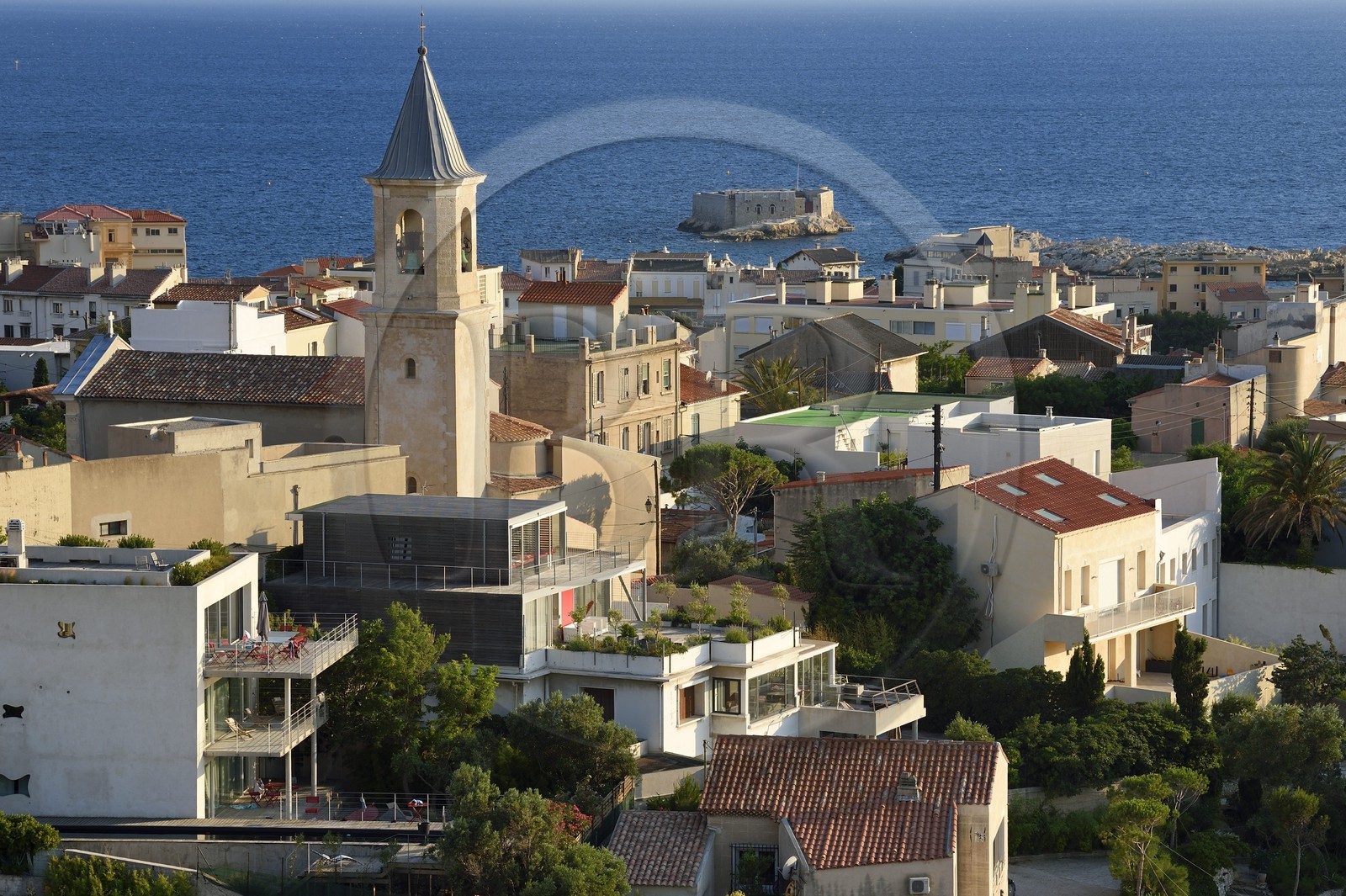 France, Bouches du Rhone, Marseille, Endoume district, Malmousque, Saint Eugene church and the small fort of the Degaby Island