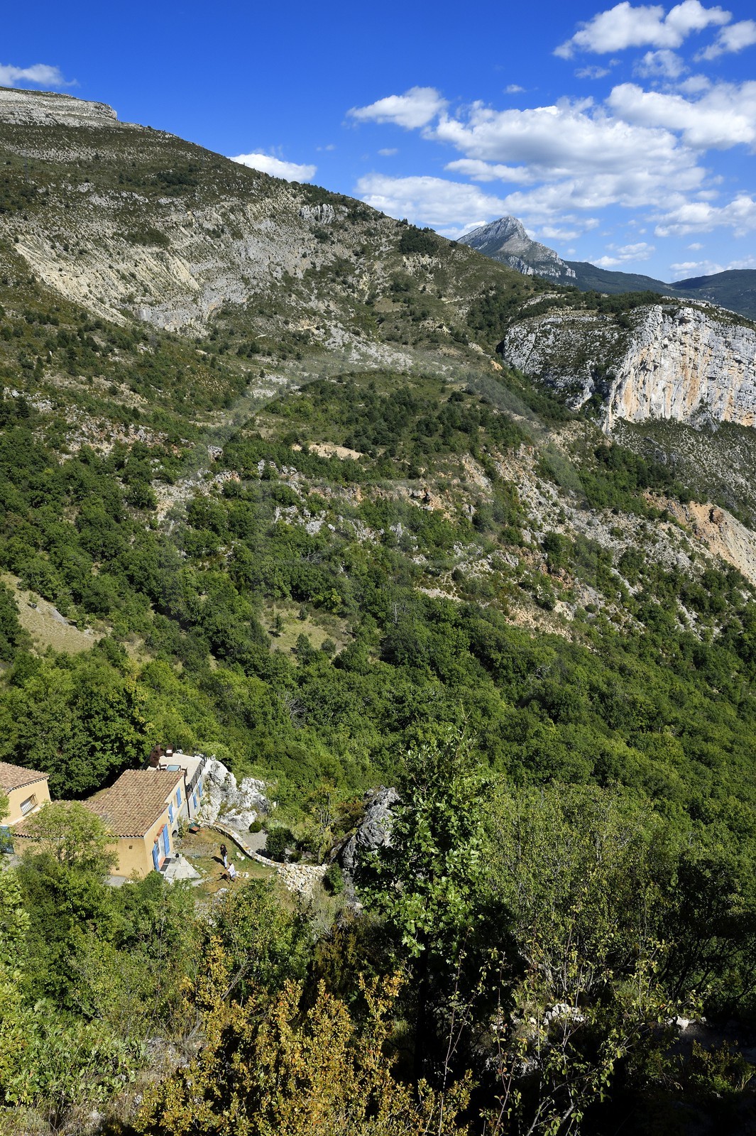France, Alpes-de-Haute-Provence (04), Parc Naturel Régional du Verdon, village de Rougon et la falaise de la Barre de l'Aigle en arrière plan