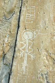 France, Alpes-Maritimes (06), parc national du Mercantour, Vallée des Merveilles parsemée de milliers de gravures rupestres de l'Age de bronze, Pas de l'Arpette, gravure baptisée l'Anthropomorphe aux bras en zigzag et un réticulé de cases qui symboliserait les champs cultivés en haut