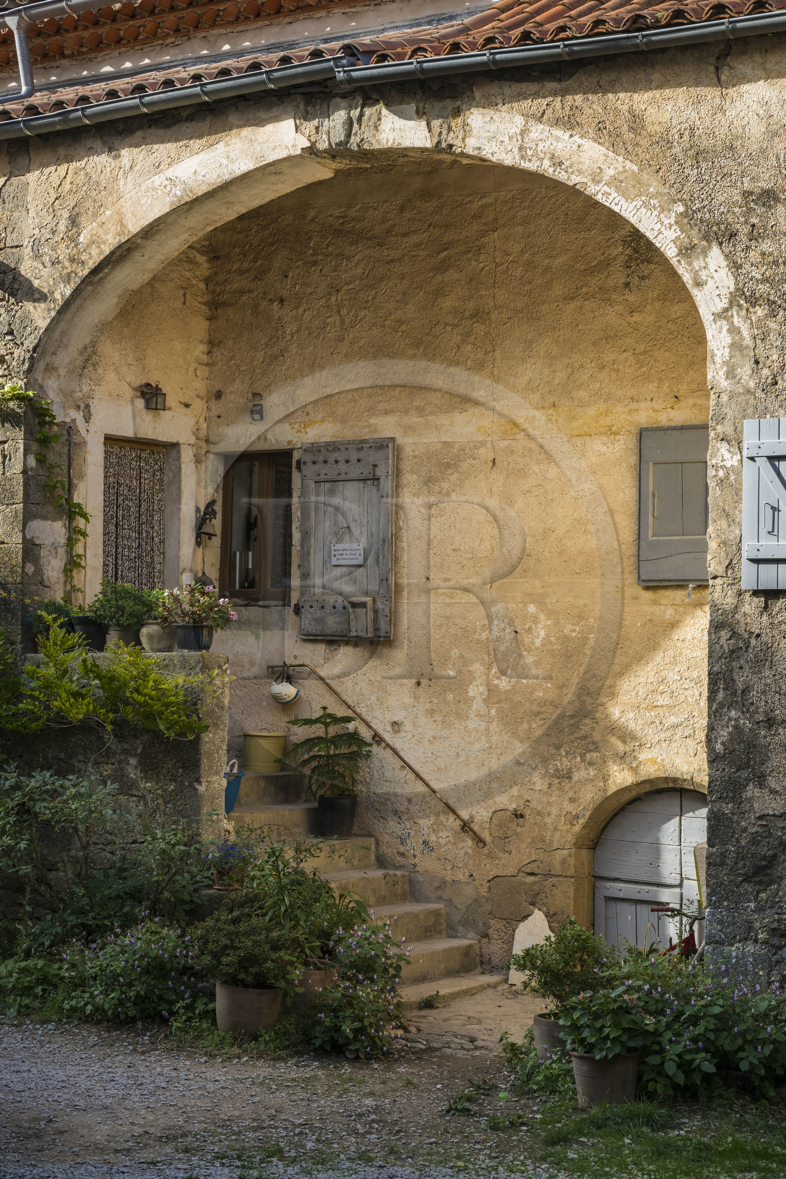 France, Aveyron, Causses and the Cévennes, cultural landscape of Mediterranean agro-pastoralism, listed as World Heritage by UNESCO, La Couvertoirade, labelled Les Plus Beaux Villages de France (The Most Beautiful Villages of France), fortified village on the Larzac plateau, sheltered facade of a traditional house