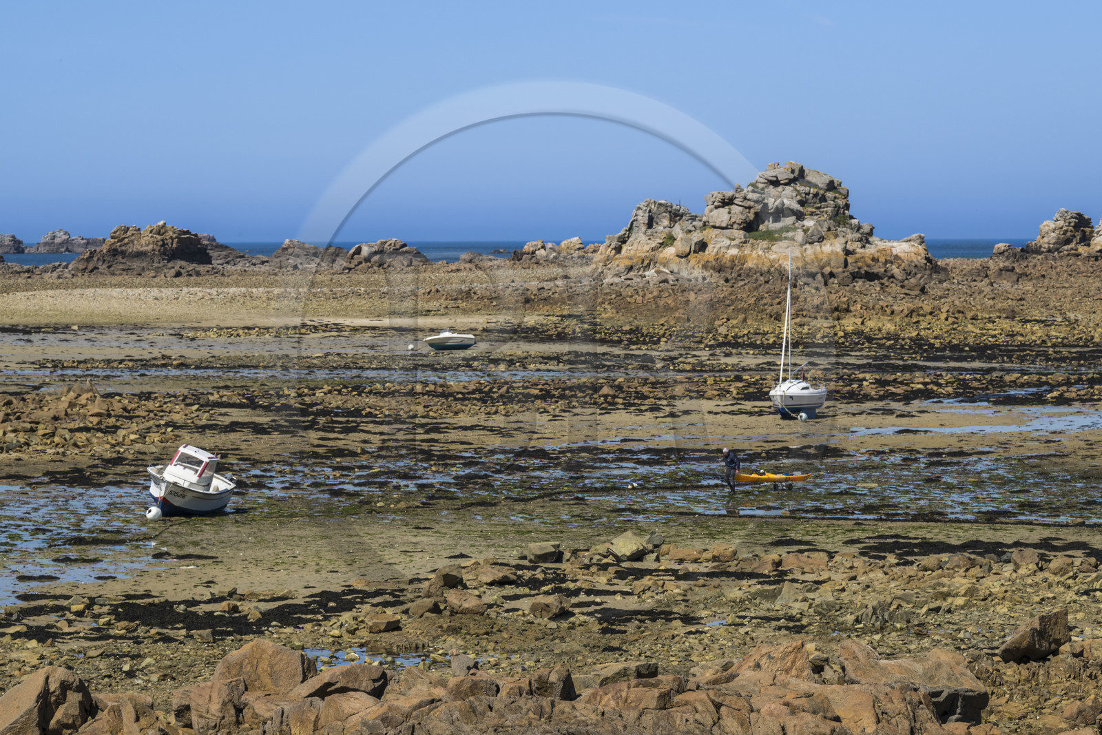 France, Côtes-d'Armor (22), Côte d'Ajoncs, Plougrescant, la plage de Pors (Porz) Scaff à marée basse