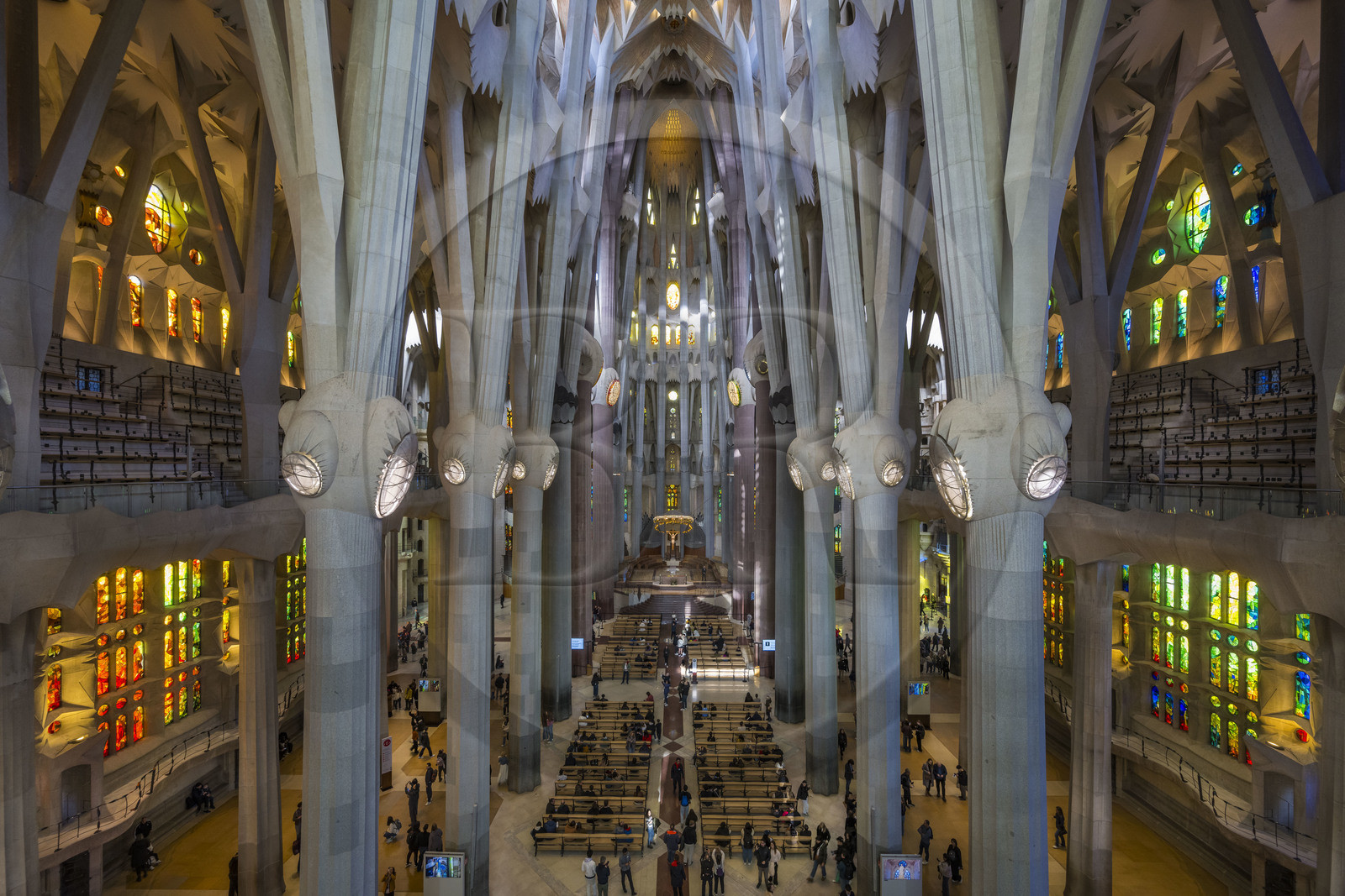 Espagne, Catalogne, Barcelone, quartier de l'Eixample, basilique de la Sagrada Familia de l'architecte du modernisme catalan Antoni Gaudi classée Patrimoine Mondial de l'UNESCO, vue de la nef depuis la facade de la Gloire