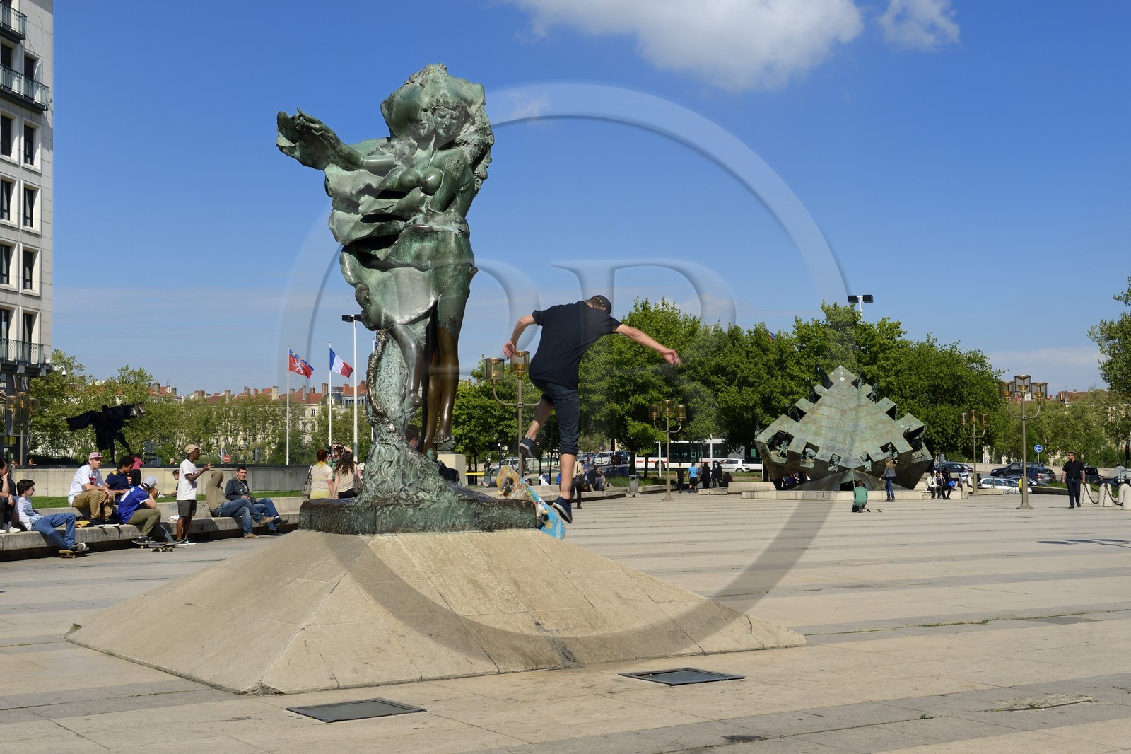 France, Rhone, Lyon, historical site listed as World Heritage by UNESCO, place Louis Pradel, effigies of Louis Pradel and Louise Labbé work of sculptor Ipousteguy
