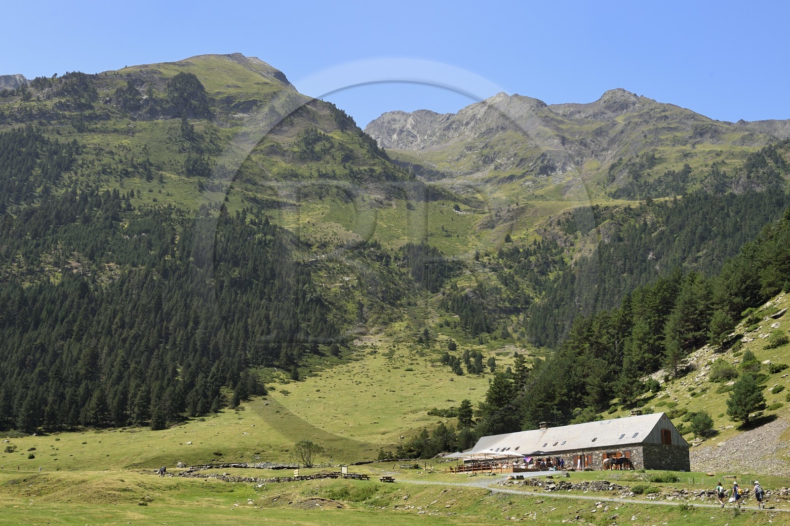 France, Hautes Pyrenees, Saint Lary Soulan, Rioumajou valley, the Rioumajou hospice which has become a hiking refuge and a restaurant