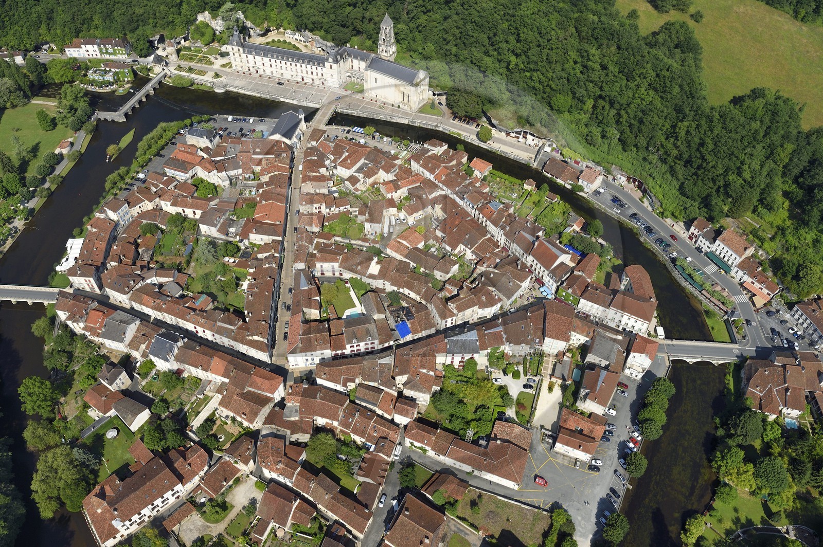 France, Dordogne, Brantome, Saint Pierre benedictine abbey along the Dronne river and the village (aerial view)