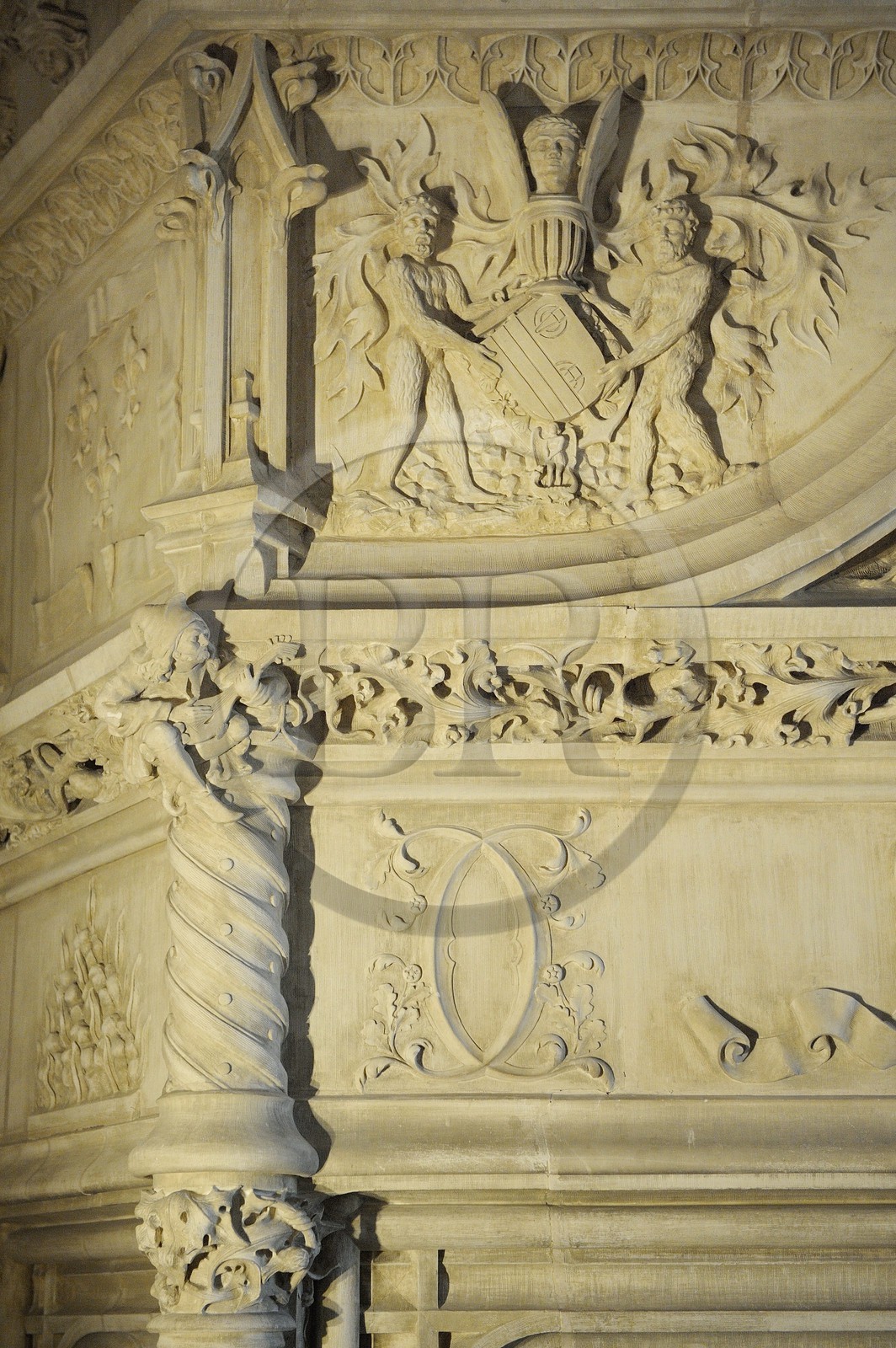 France, Loir et Cher, Loire Valley, listed as World Heritage by UNESCO, Chaumont sur Loire castle, the dining room, detail of fireplace with Dianne de Poitiers's 2D crest