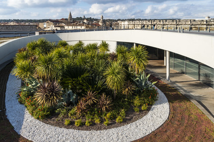 France, Gard, Nimes, rooftop garden of the Romanity museum (Musée de la Romanite) by architect Elizabeth de Portzamparc, the arena amphitheater faces it