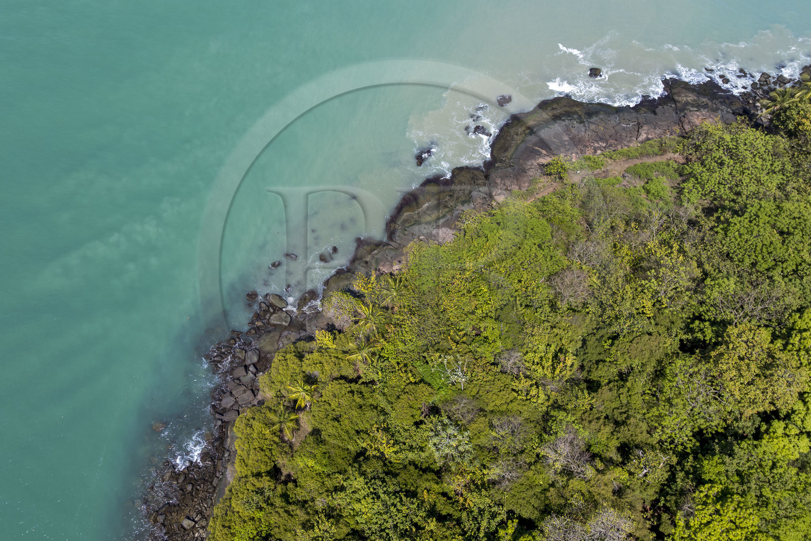 France, Guyane, Kourou, Iles du Salut, Ile Royale, la côte Nord de ces iles volcaniques (vue aérienne)