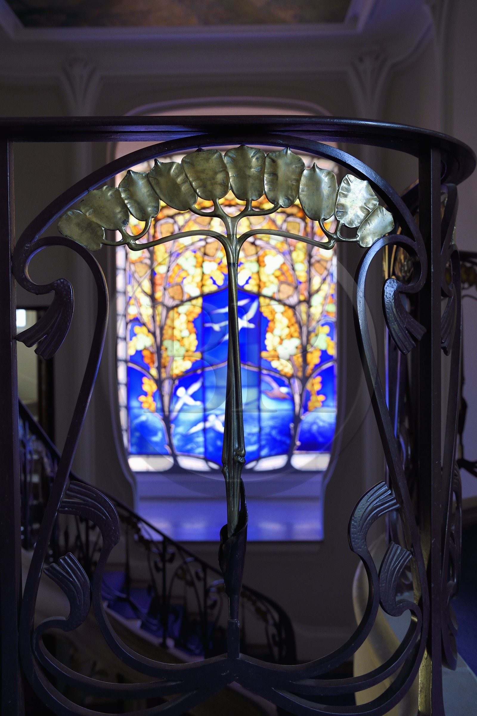 France, Meurthe-et-Moselle, Nancy, the Bergeret House of Art Nouveau style, stained glass by Jacques Gruber and ironwork of the staircase with the motive of the currency of the Pope signed Louis Majorelle