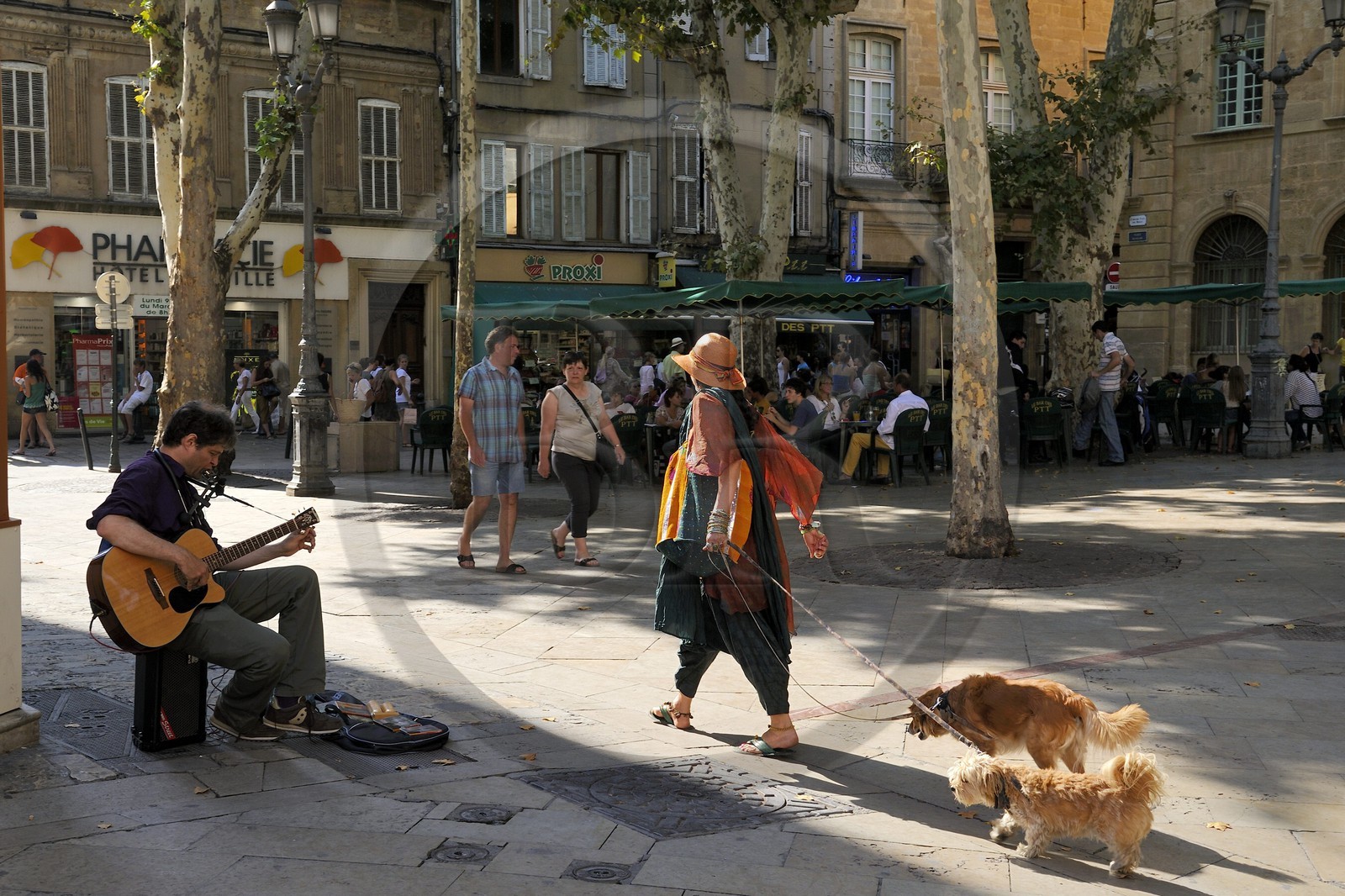 France, Bouches-du-Rhone, Aix-en-Provence, dog walking and street musician on the Place de l'Hotel de ville
