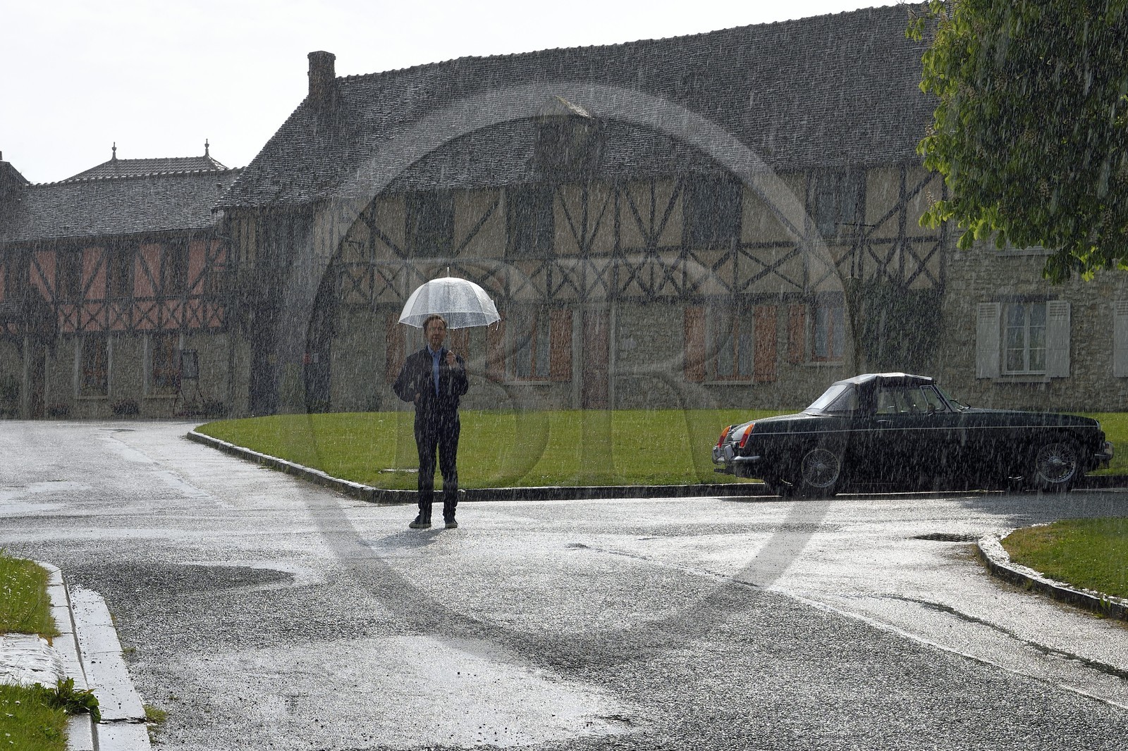 France, Yvelines, Montchauvet, shooting for the television of the Preferred Village of the French (Village Préféré des Français) with Stéphane Bern on place de l'église
