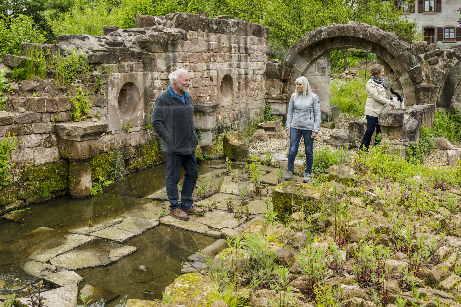 France, Bas-Rhin (67), Parc Naturel régional des Vosges du Nord, Eschbourg, ruines de l'abbaye bénédictine de Graufthal, vestiges d'une salle voutée du XIIème siècle, l'ancienne institutrice du village Annette Oster avec Marc Burckhart lui aussi l'ancien instituteur et président de l'association de mise en valeur du site de Graufthal