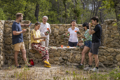 France, Var, Provence Verte (Green Provence), Bras, Academie du Bain de Foret Provencale (Academy of Forest Bathing in Provence), forest of the domaine Le Peyrourier - une campagne en Provence, Constanze Coisne guides Shinrin Yoku