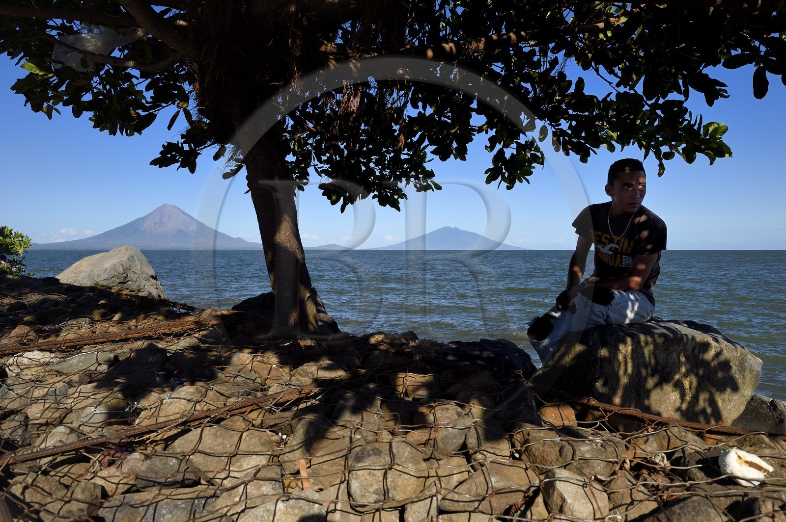 Nicaragua, San Jorge, Ile d'Ometepe sur le lac Nicaragua avec le volcan Conception (1610 m) toujours en activité à gauche et le volcan Maderas à droite