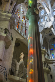 Spain, Catalonia, Barcelona, Eixample district, Sagrada Familia basilica by Catalan modernist architect Antoni Gaudi, listed as a UNESCO World Heritage Site, the interior of the Passion facade dedicated to the Virgin Mary and the transept of the Passion facade dedicated to water, resurrection and light