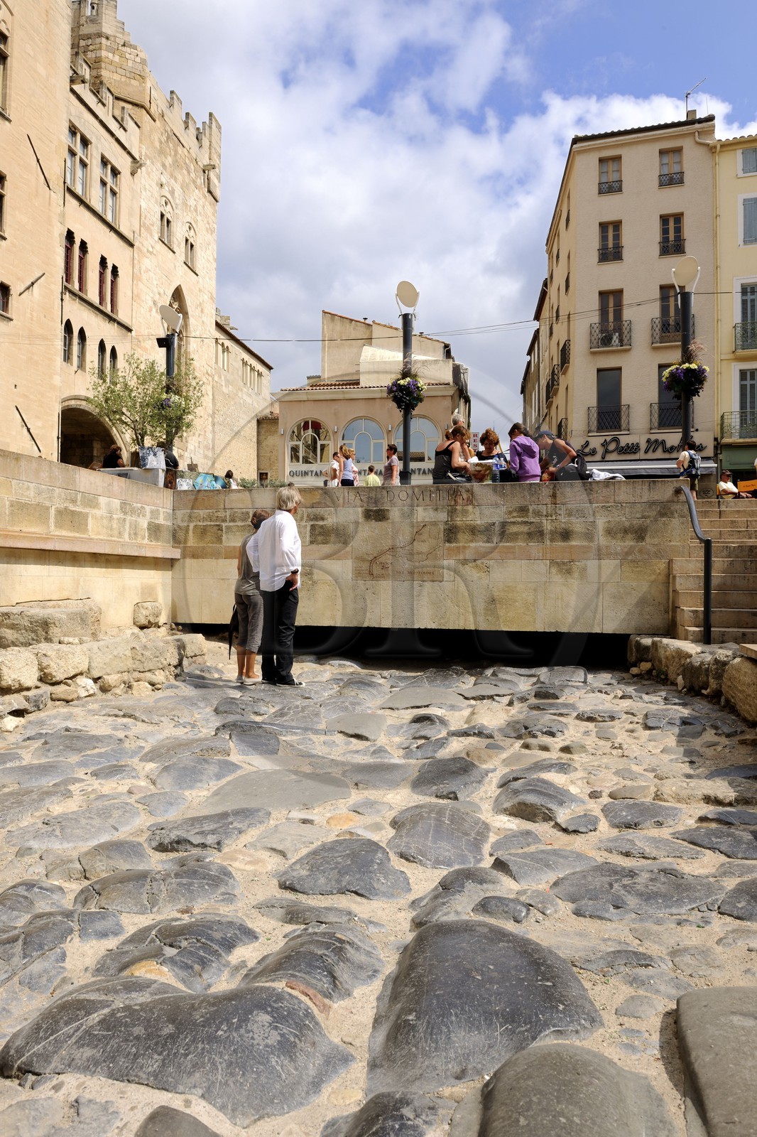 France, Aude, Narbonne, Place de l'Hotel de Ville, remains of the Via Domitia at the bottom of Palais des Archeveques (the Archbishops Palace)