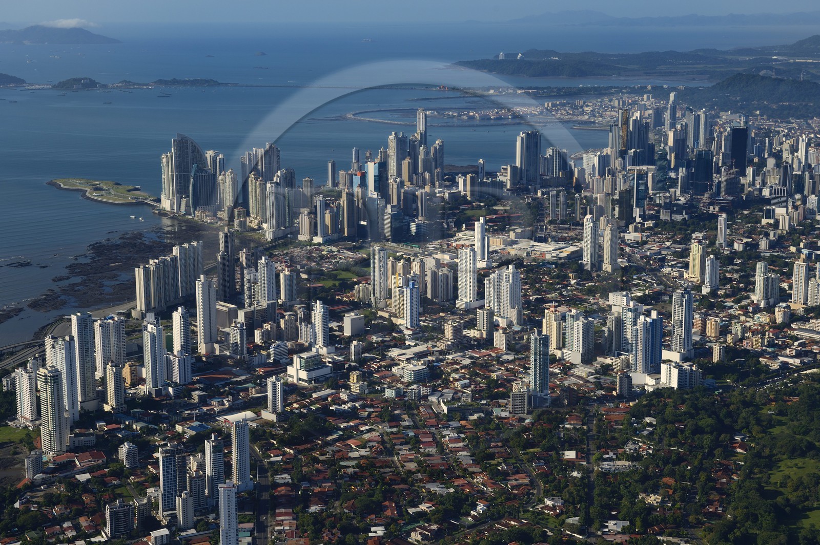 Panama, Panama City skyscrapers, the old town Casco Antiguo (Viejo) in the background (aerial view)