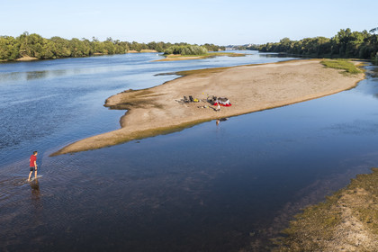 France, Maine-et-Loire, Loire valley listed as World Heritage by UNESCO, cycling along the banks of the Loire, camping for the night on one of the sandbanks forming islands on the Loire (aerial view)