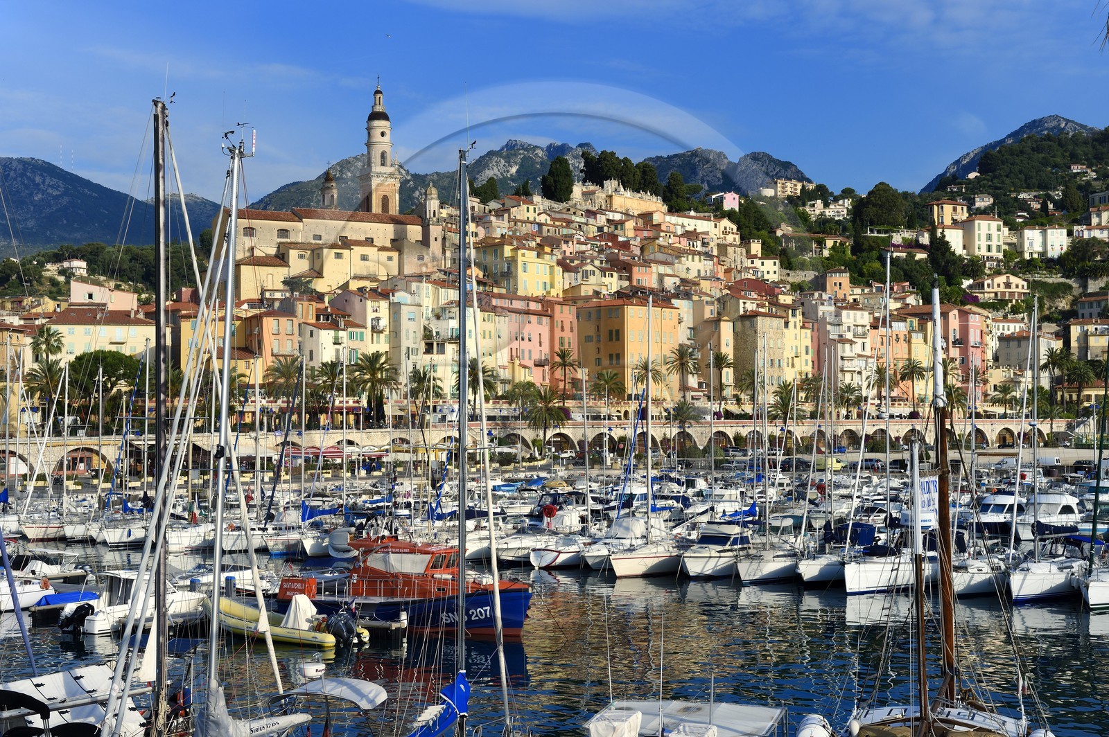 France, Alpes-Maritimes, Menton, the port and the old town dominated by the St Michel Basilica
