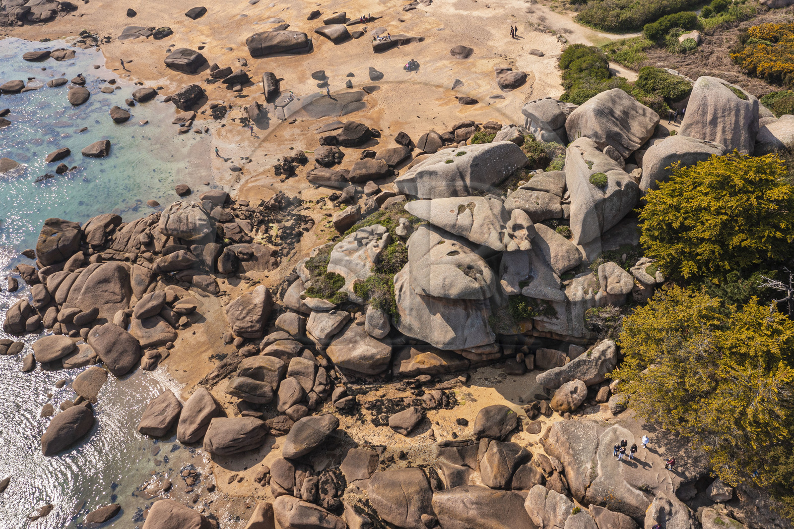 France, Côtes-d'Armor (22), Côte de Granit Rose, Trégastel, Ile Renote, le chaos granitique émerge de la plage à marée basse (vue aérienne)